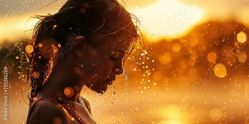 A contemplative young girl surrounded by sparkling water droplets against a sunset backdrop.