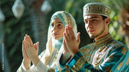 Young muslim man and woman celebration ramadan and eid al fitr doing forgive gesture halal bihalal - generative ai