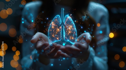 Woman cradling a luminescent hologram of human lungs  symbolizing medical innovation in respiratory care.