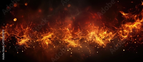 A dark background is illuminated by numerous bright orange flames, casting a warm and vibrant glow. The flames dance and flicker, creating a mesmerizing display of light against the darkness. Sparks