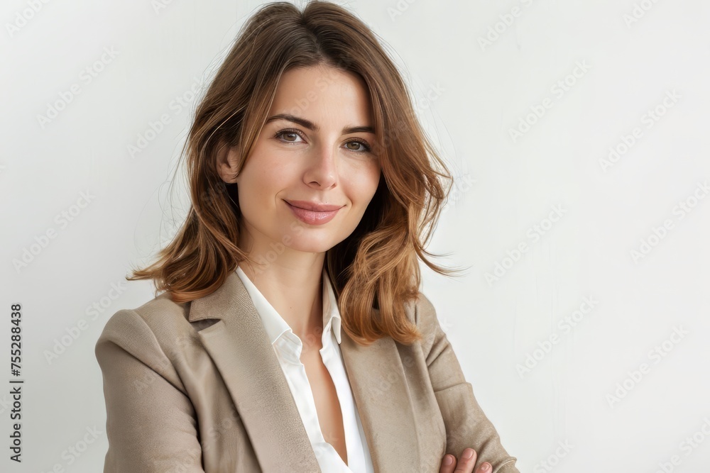 A successful business woman looks confident and smiles on white background