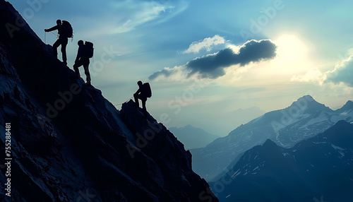 the silhouette of a climber climbing a steep mountain  symbolizes the process and hard work in achieving the target.