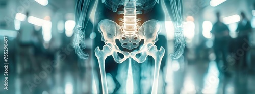 Digital X-ray of the human pelvis hologram, 3D rendering against a backdrop of connecting light particles. photo