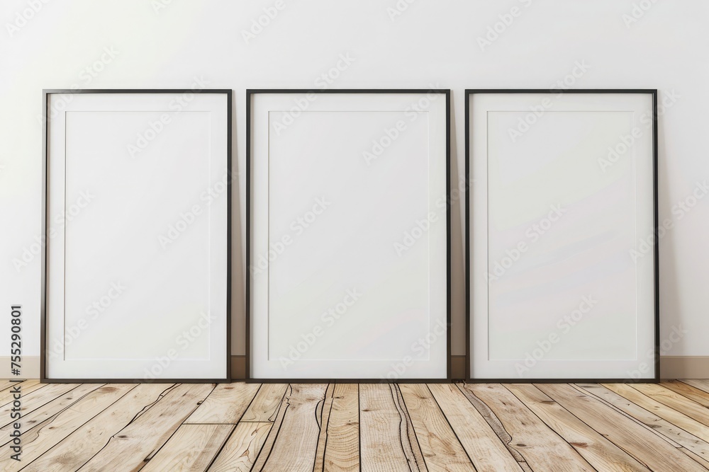 Empty picture frame mockup on wooden floor. Living room design with scandinavian style interior with artwork mock up on white wall. 3D rendering Empty picture frame mockup on wooden floor. Living room design with scandinavian style interior with artwork mock up on white wall. 3D rendering