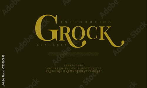 Grock premium luxury elegant alphabet letters and numbers. Vintage wedding typography classic serif font decorative vintage retro. Creative vector illustration
