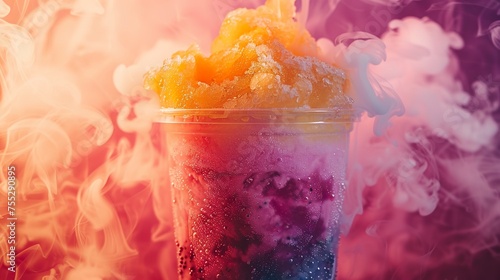 A close-up of a freshly prepared colored slushy served with subtle smoke hovering in the background. Slushy or granita with flavored ice and fruit is delicious and refreshing. photo