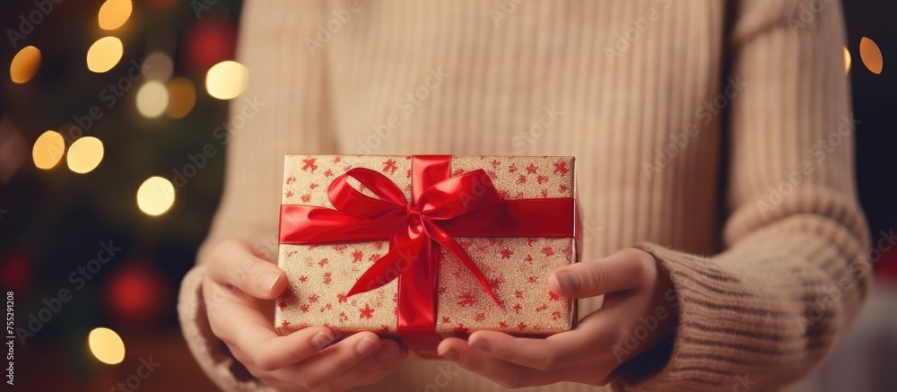 A stylish person wearing a cozy sweater is holding a Christmas present with a red bow in front of a beautifully decorated Christmas tree with lights. The individual is opening the gift in a festive A stylish person wearing a cozy sweater is holding a Christmas present with a red bow in front of a beautifully decorated Christmas tree with lights. The individual is opening the gift in a festive