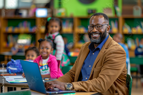 Teacher provides assistance to a group of students at school classroom. With a laptop, the teacher engages in the educational journey alongside pupils, conveying teacher and children teamwork.