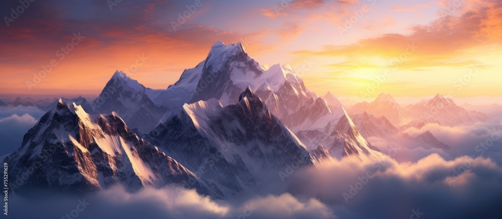 A painting showcasing a majestic mountain peak towering above a sea of fluffy white clouds under a stunning aerial sunset panorama.