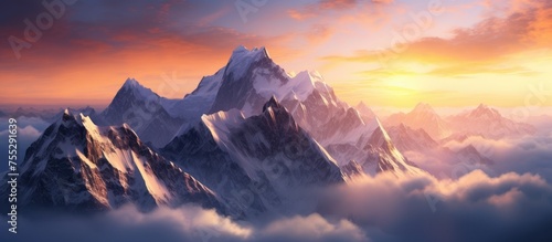 A painting showcasing a majestic mountain peak towering above a sea of fluffy white clouds under a stunning aerial sunset panorama.