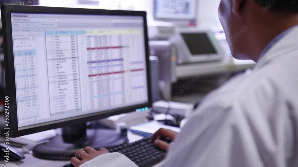 A medical student is using a computer to access a patients digitized medical history during a rotation in the hospital. The screen shows a detailed overview of the patients A medical student is using a computer to access a patients digitized medical history during a rotation in the hospital. The screen shows a detailed overview of the patients