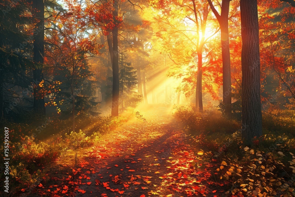 Beautiful foot path in the colorful autumn forest illuminated by morning sun .