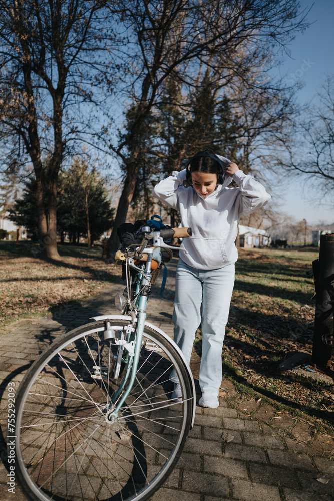Active woman with headphones preparing for a bike ride in the park. Active woman with headphones preparing for a bike ride in the park.