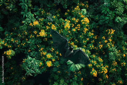 close view of a bat flying over a lush green forest filled with yellow flowers