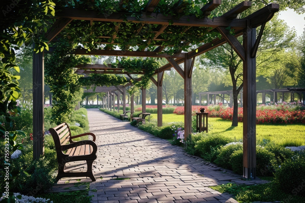 Beautiful park with pathway, arbors and benches .