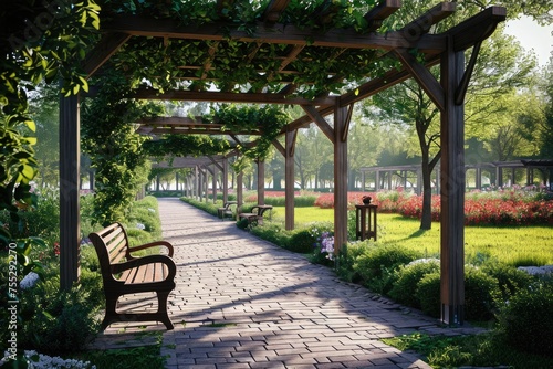 Beautiful park with pathway, arbors and benches .