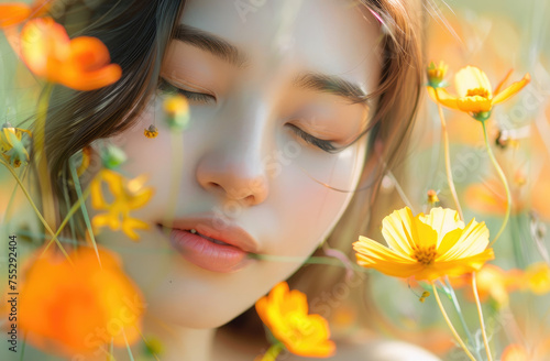 Portrait of a beautiful young Asian woman with closed eyes in a flowers field  with beautiful face skin  lit by orange colored light  with sun rays and dew drops on her skin