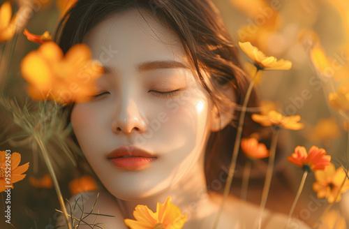 Portrait of a beautiful young Asian woman with closed eyes in a flowers field, with beautiful face skin, lit by orange colored light, with sun rays and dew drops on her skin