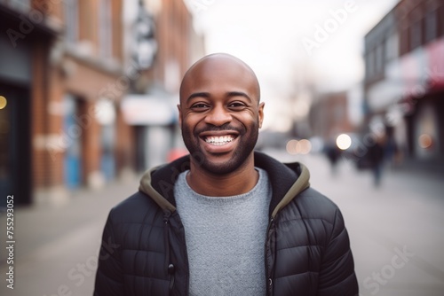 Black African American man smiling happy on a street photo