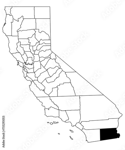 Map of imperial County in California state on white background. single County map highlighted by black colour on California map. UNITED STATES, US photo