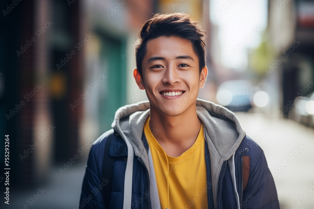 Asian man smiling happy on a street Asian man smiling happy on a street