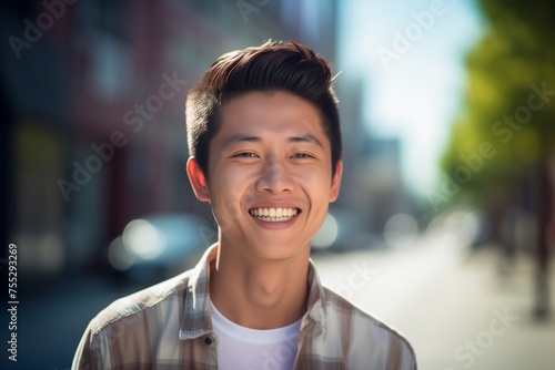 Asian man smiling happy on a street