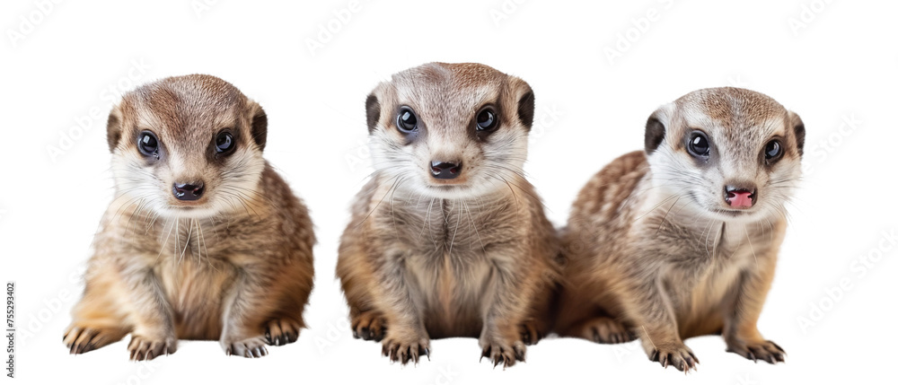 Trio of meerkats isolated on white background, displaying their distinct inquisitive and alert expressions Trio of meerkats isolated on white background, displaying their distinct inquisitive and alert expressions