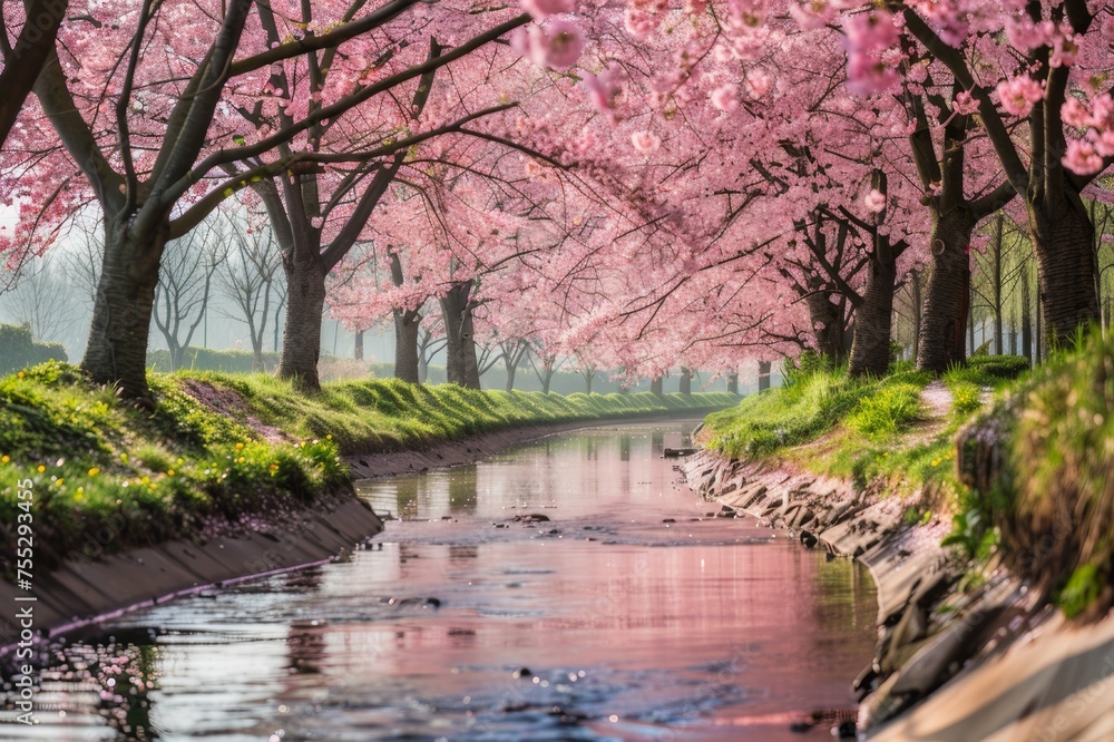 A cherry blossom park with a river flowing through it