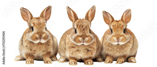 Three identical rabbits with lustrous fur looking straight ahead, against a white backdrop photo