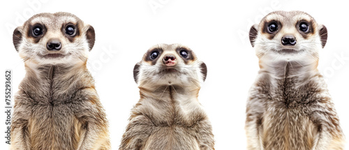 Set of three meerkat portraits showing their alert expressions and upright posture against a white background