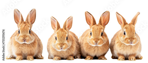 A group of four nearly identical brown rabbits lined up against a white background appearing attentive