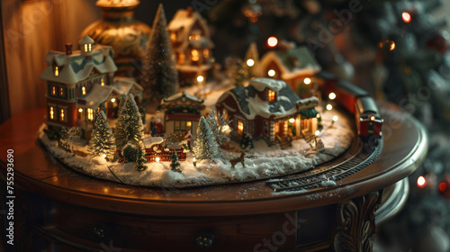 A small side table adorned with a miniature Christmas village complete with ling lights tiny figurines and a miniature train set chugging through the snowcovered scenery bringing