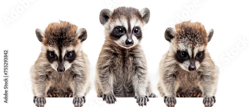 Three raccoon siblings appear to peer mischievously, with the middle one's face artfully obscured