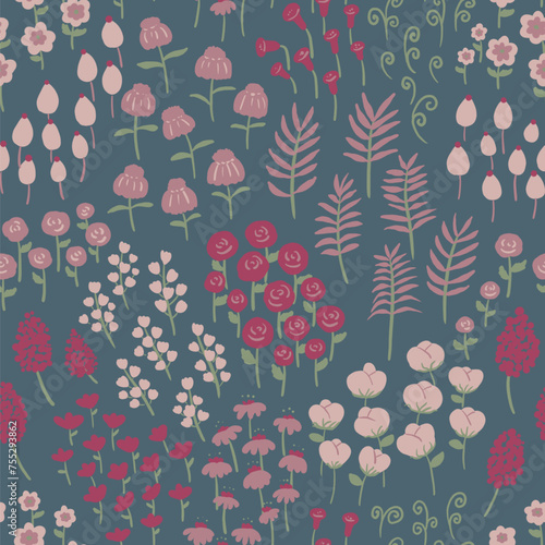 Hand draw night flower field in the forest vintage stye seamless pattern