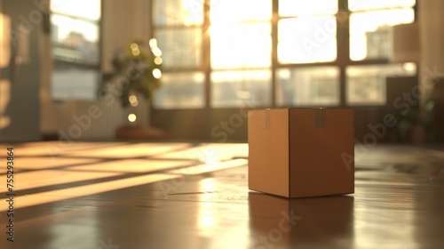 A lone cardboard box sits in a sunlit, empty office space, suggesting a move or transition. © tashechka