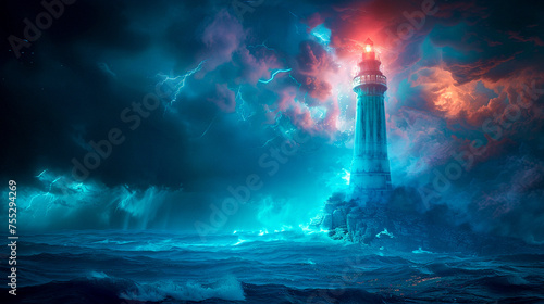 Turbulent seascape set against a backdrop of a towering futuristic lighthouse projecting holographic signals into the night sky
