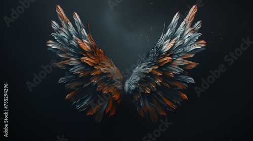 Angel wings isolated on the black background, fantasy feather wings for fashion design, cosplay and dress up party. photo