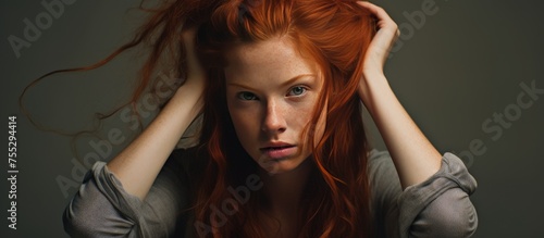 A young woman with red hair is holding her head, touching the back of her head as she appears to be lost in deep thought, contemplating a decision.