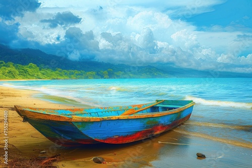 Boat on carib Coast colorful on beach. photo