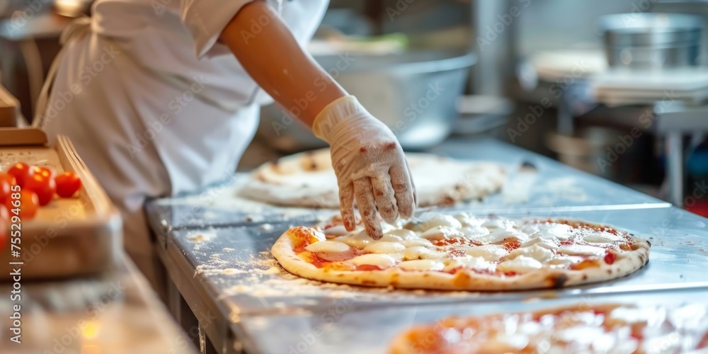Obraz premium Chef skillfully adds toppings to a traditional pizza in a professional kitchen setting.