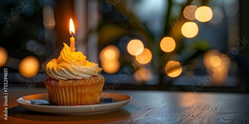Celebratory cupcake with a single burning candle on a plate against a bokeh light background.