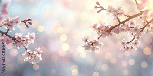 Branch of cherry blossoms in full bloom against a soft bokeh light effect, symbolizing spring.