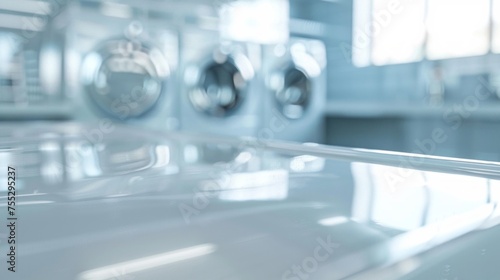 Blurred image of a contemporary laundromat interior with shiny surfaces. © tashechka