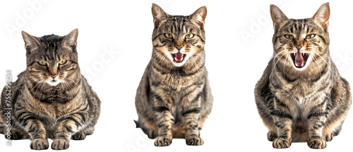 A sequence of a tabby cat sitting quietly then opening its mouth as if meowing or yawing photo