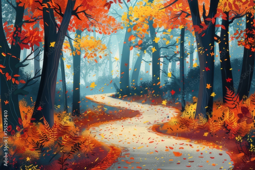 Autumn forest with colorful leaves and winding paths