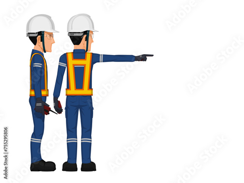 Two workers are considering something beside themselves