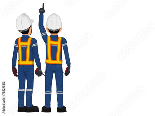 Two workers are considering something on the ceiling
