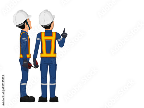 Two workers are considering something on the ceiling