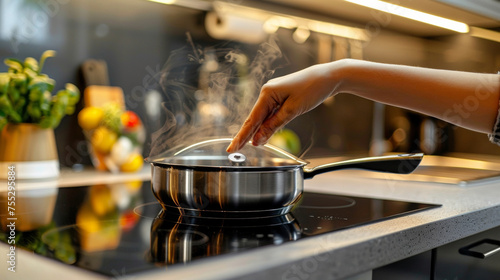 A hand holding a magnetic cookware against an induction cooktop demonstrating its magnetic properties.
