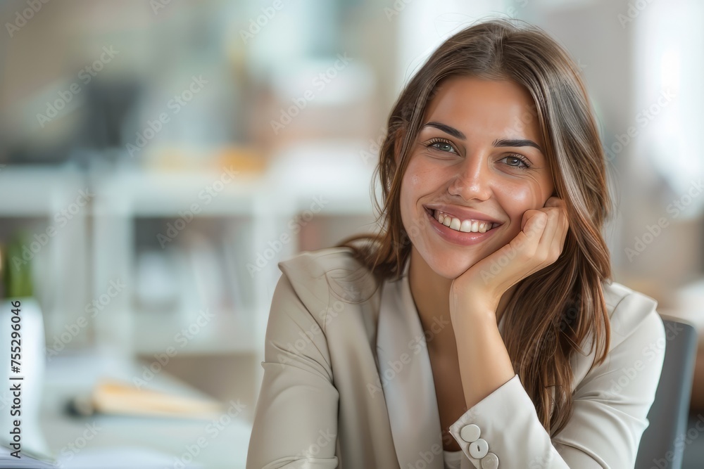 Smiling woman sitting at her desk in office. Happy business woman sitting in office Smiling woman sitting at her desk in office. Happy business woman sitting in office